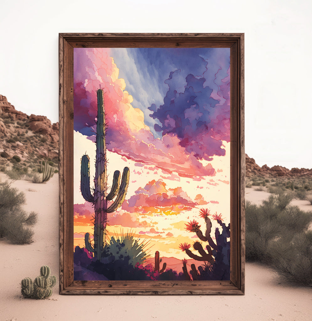 Desert Cactus Sunset Print Colorful Watercolor Wall Art Southwest Landscape Gift Saguaro Beautiful Nature Home Decor