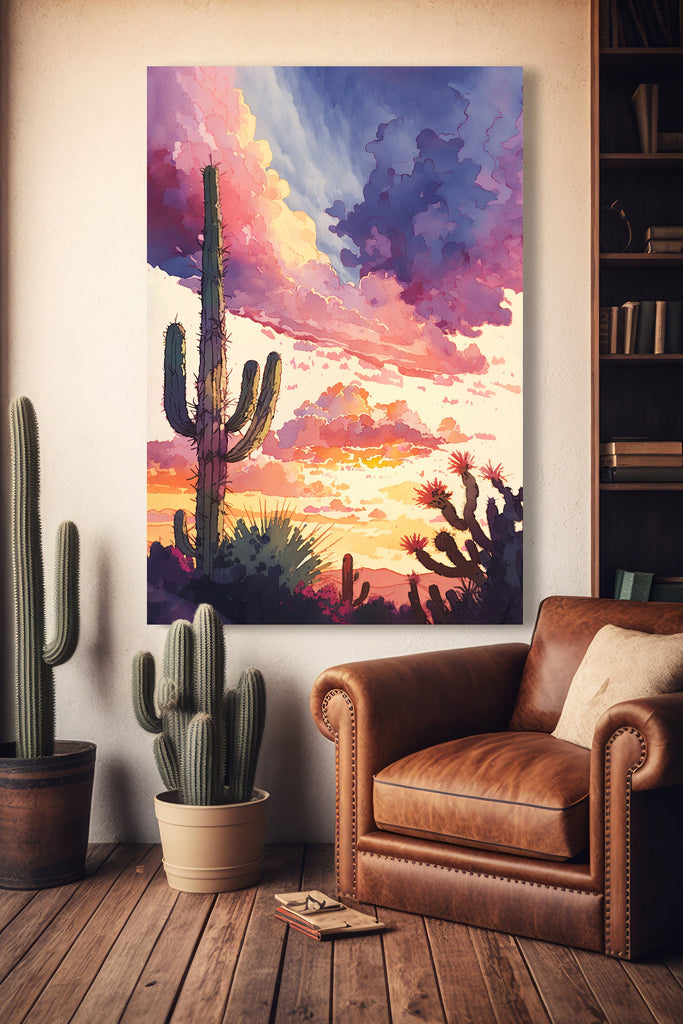 Desert Cactus Sunset Print Colorful Watercolor Wall Art Southwest Landscape Gift Saguaro Beautiful Nature Home Decor