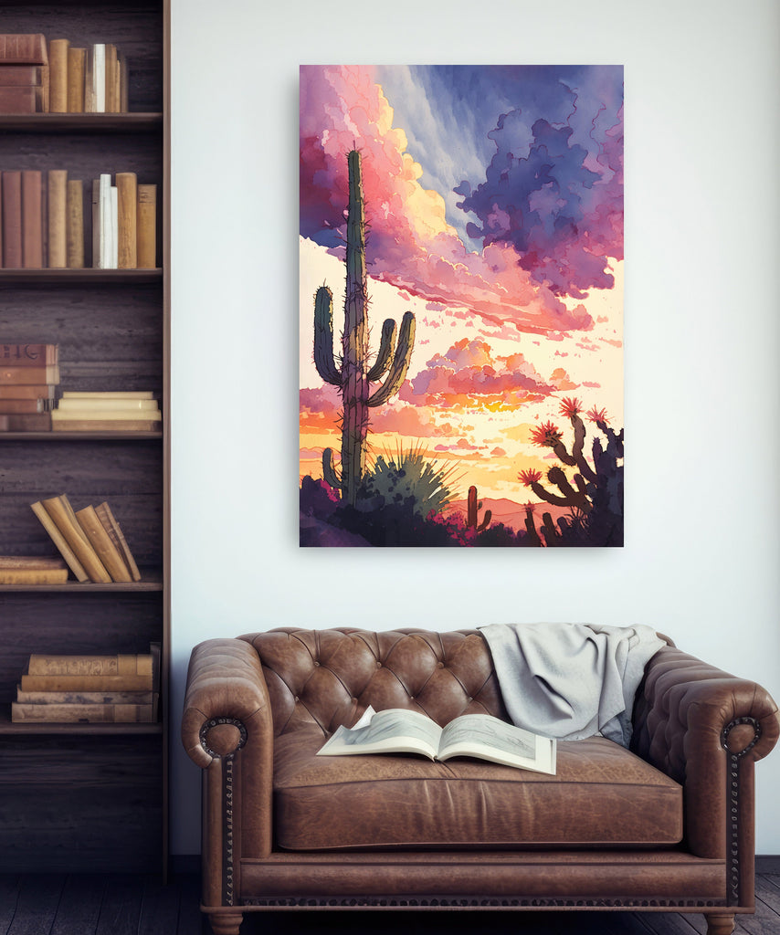 Desert Cactus Sunset Print Colorful Watercolor Wall Art Southwest Landscape Gift Saguaro Beautiful Nature Home Decor