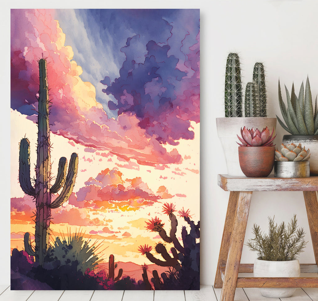 Desert Cactus Sunset Print Colorful Watercolor Wall Art Southwest Landscape Gift Saguaro Beautiful Nature Home Decor