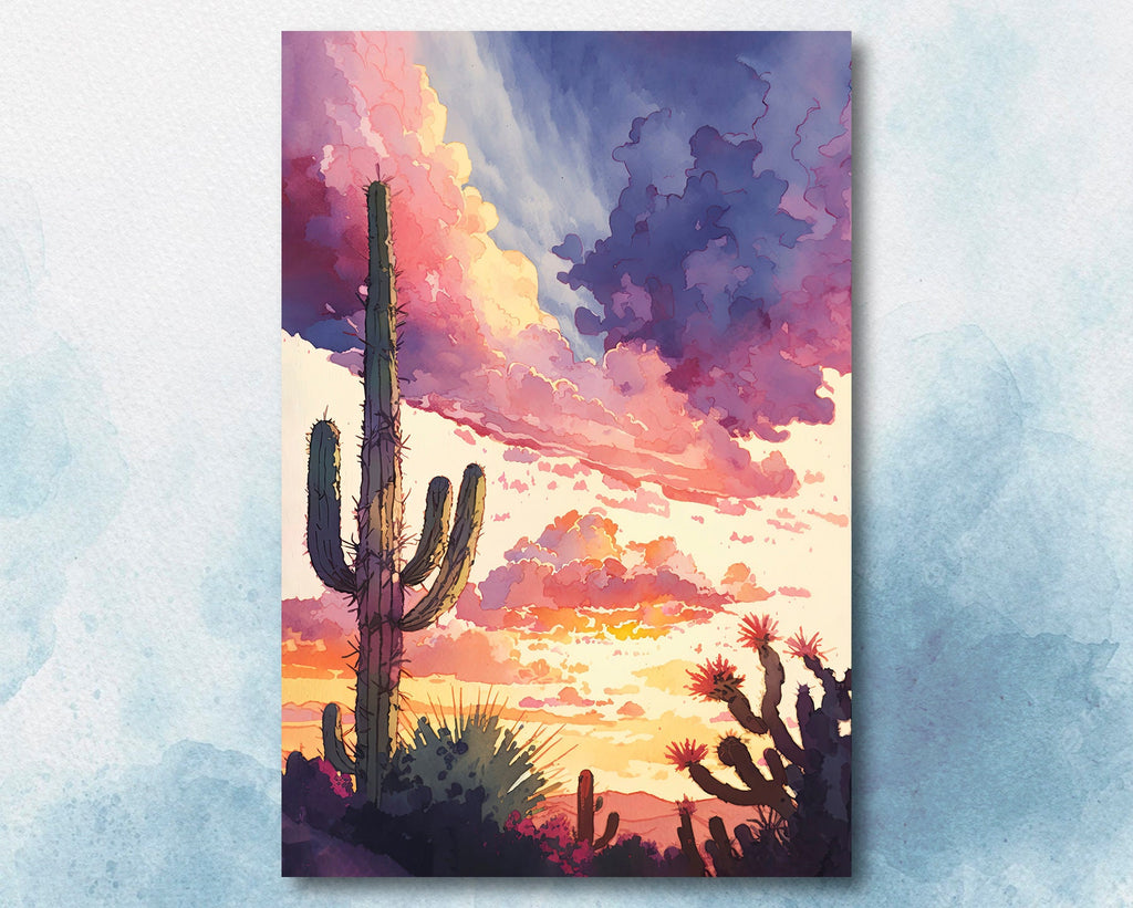 Desert Cactus Sunset Print Colorful Watercolor Wall Art Southwest Landscape Gift Saguaro Beautiful Nature Home Decor