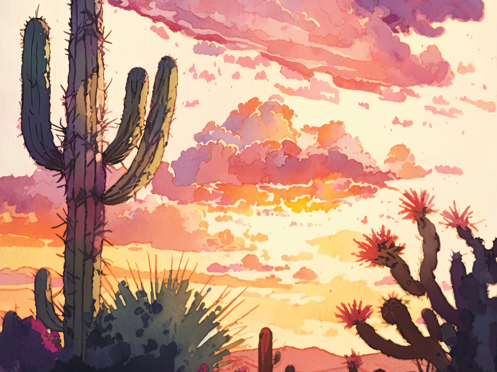 Desert Cactus Sunset Print Colorful Watercolor Wall Art Southwest Landscape Gift Saguaro Beautiful Nature Home Decor