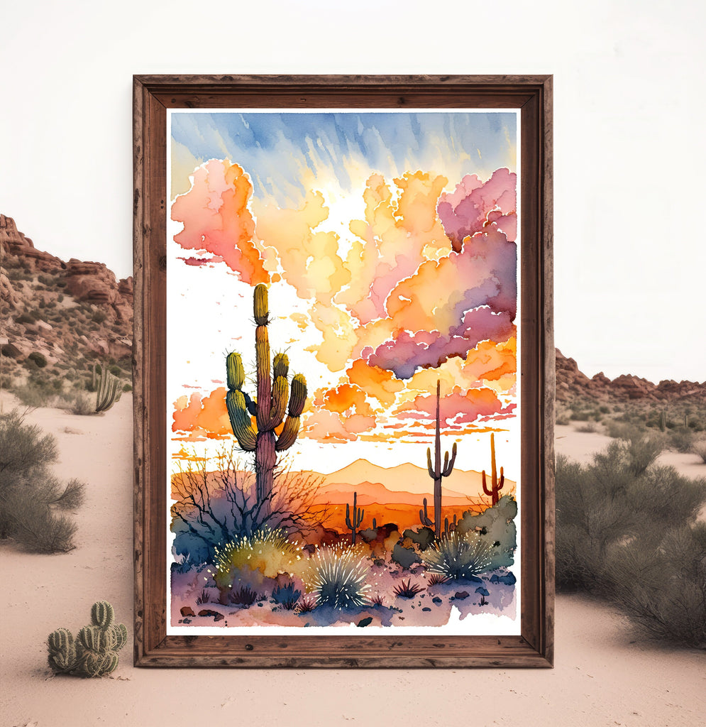 Desert Cactus Sunset Print Colorful Watercolor Wall Art Southwest Landscape Gift Saguaro Beautiful Nature Home Decor