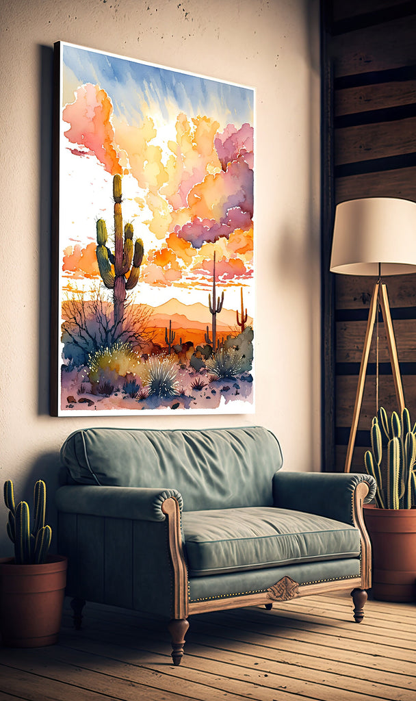 Desert Cactus Sunset Print Colorful Watercolor Wall Art Southwest Landscape Gift Saguaro Beautiful Nature Home Decor