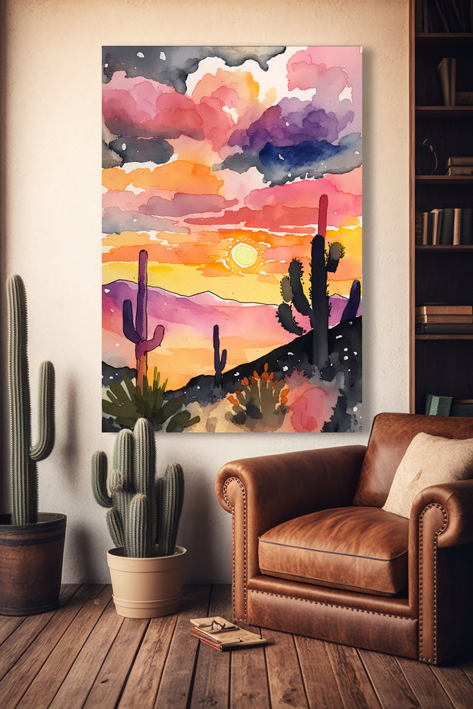 Desert Cactus Sunset Print Colorful Watercolor Wall Art Southwest Landscape Gift Saguaro Beautiful Nature Home Decor