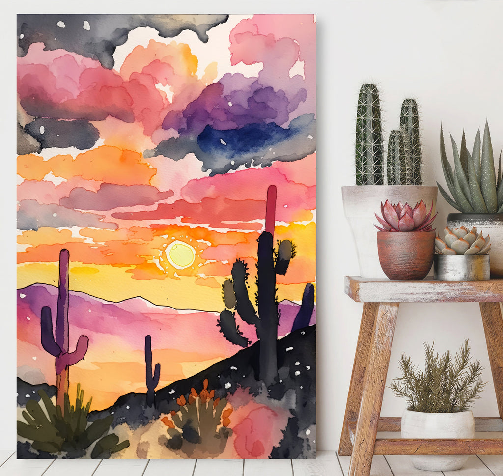 Desert Cactus Sunset Print Colorful Watercolor Wall Art Southwest Landscape Gift Saguaro Beautiful Nature Home Decor