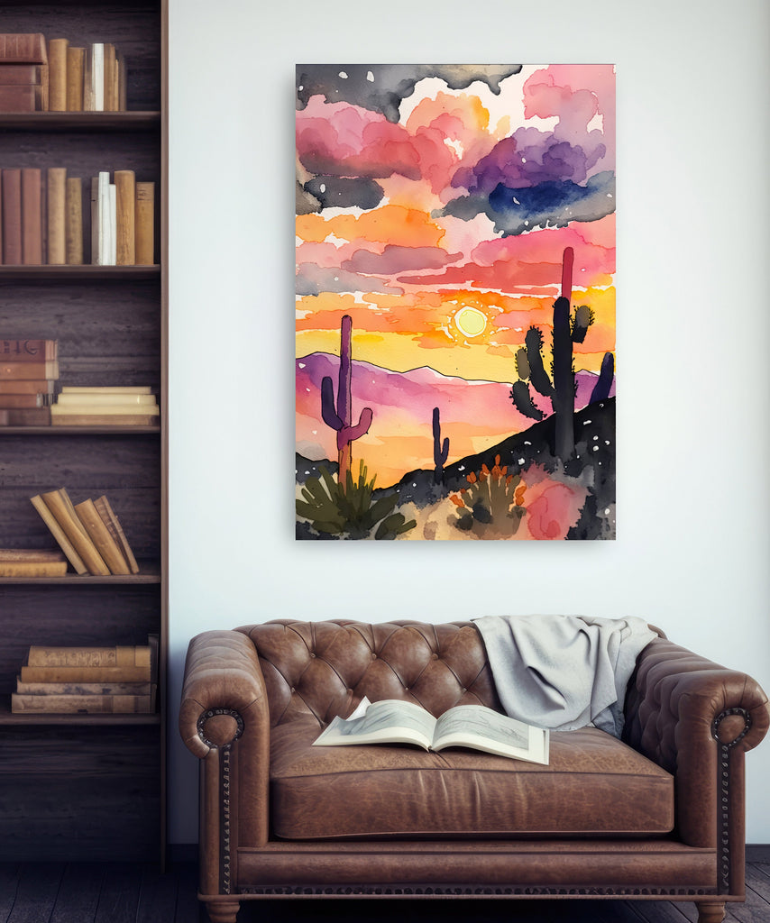 Desert Cactus Sunset Print Colorful Watercolor Wall Art Southwest Landscape Gift Saguaro Beautiful Nature Home Decor