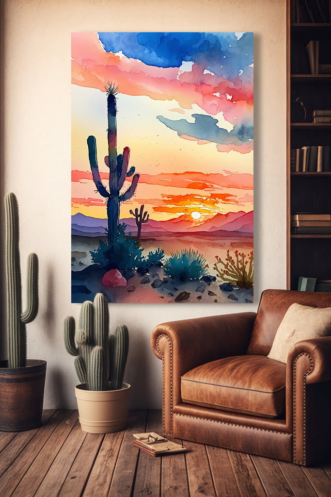 Desert Cactus Sunset Print Colorful Watercolor Wall Art Southwest Landscape Gift Saguaro Beautiful Nature Home Decor