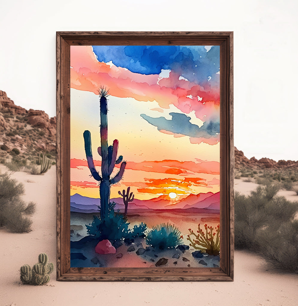 Desert Cactus Sunset Print Colorful Watercolor Wall Art Southwest Landscape Gift Saguaro Beautiful Nature Home Decor