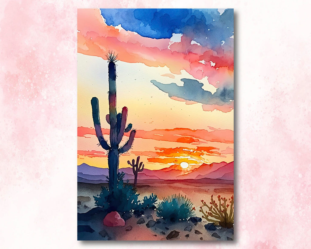 Desert Cactus Sunset Print Colorful Watercolor Wall Art Southwest Landscape Gift Saguaro Beautiful Nature Home Decor