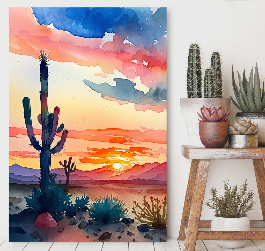 Desert Cactus Sunset Print Colorful Watercolor Wall Art Southwest Landscape Gift Saguaro Beautiful Nature Home Decor