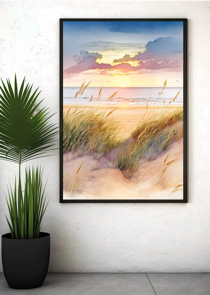 Pastel Summer Beach Sunset Watercolor Print Ocean Wall Art Coastal Sea Nature Gift Landscape Home Decor