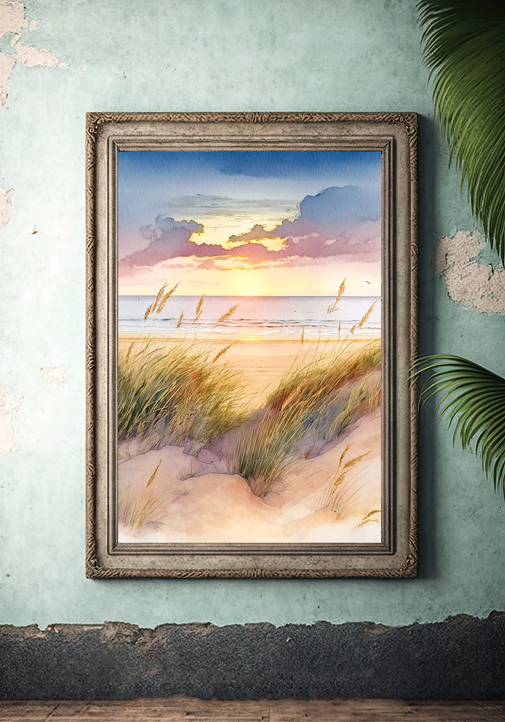 Pastel Summer Beach Sunset Watercolor Print Ocean Wall Art Coastal Sea Nature Gift Landscape Home Decor