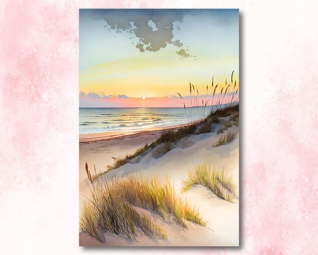 Pastel Summer Beach Sunset Watercolor Print Ocean Wall Art Coastal Sea Nature Gift Landscape Home Decor