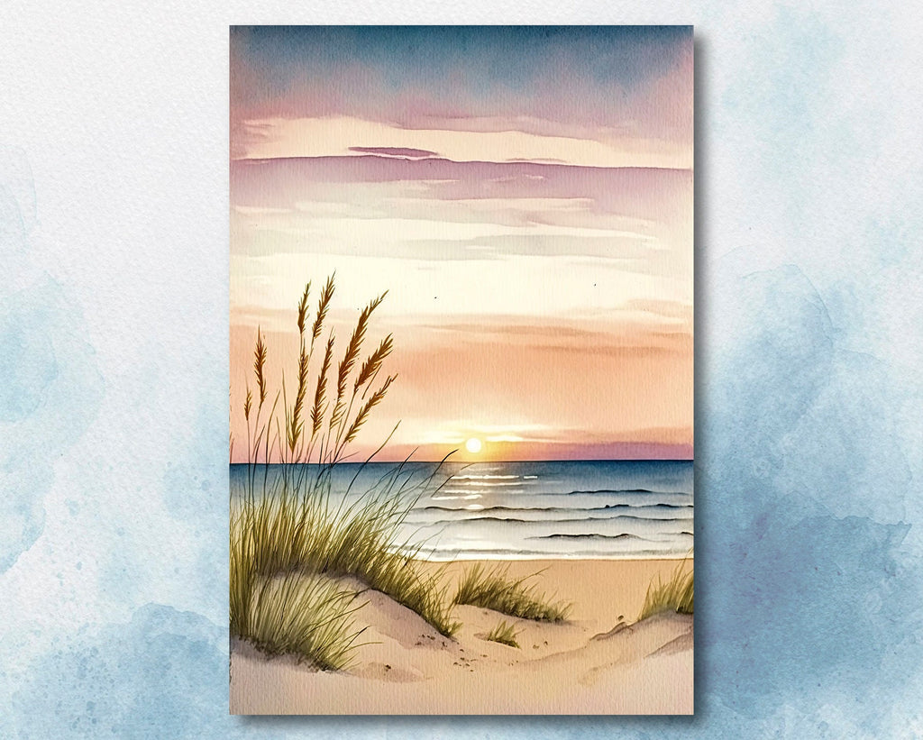 Pastel Summer Beach Sunset Watercolor Print Ocean Wall Art Coastal Sea Nature Gift Landscape Home Decor