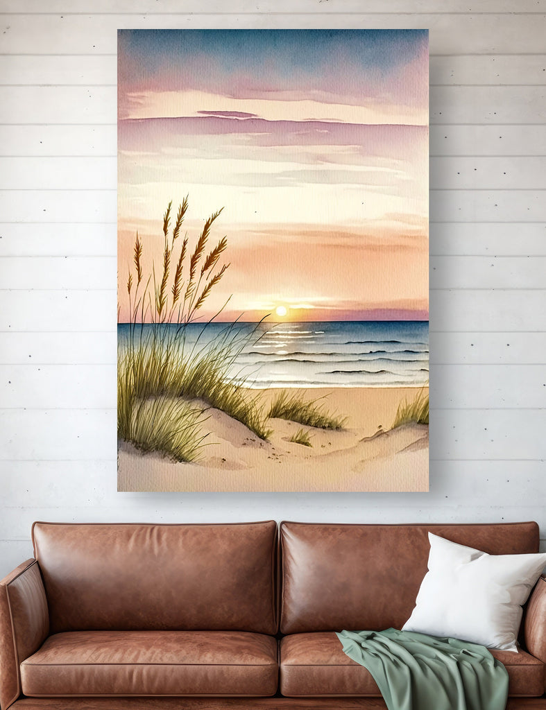 Pastel Summer Beach Sunset Watercolor Print Ocean Wall Art Coastal Sea Nature Gift Landscape Home Decor