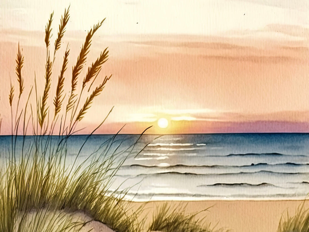 Pastel Summer Beach Sunset Watercolor Print Ocean Wall Art Coastal Sea Nature Gift Landscape Home Decor