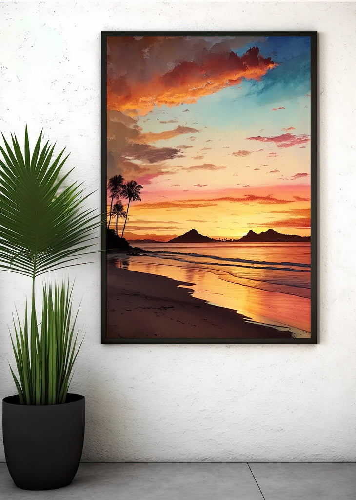 Summer Beach Sunset Watercolor Print Ocean Wall Art Coastal Sea Nature Gift Landscape Home Decor