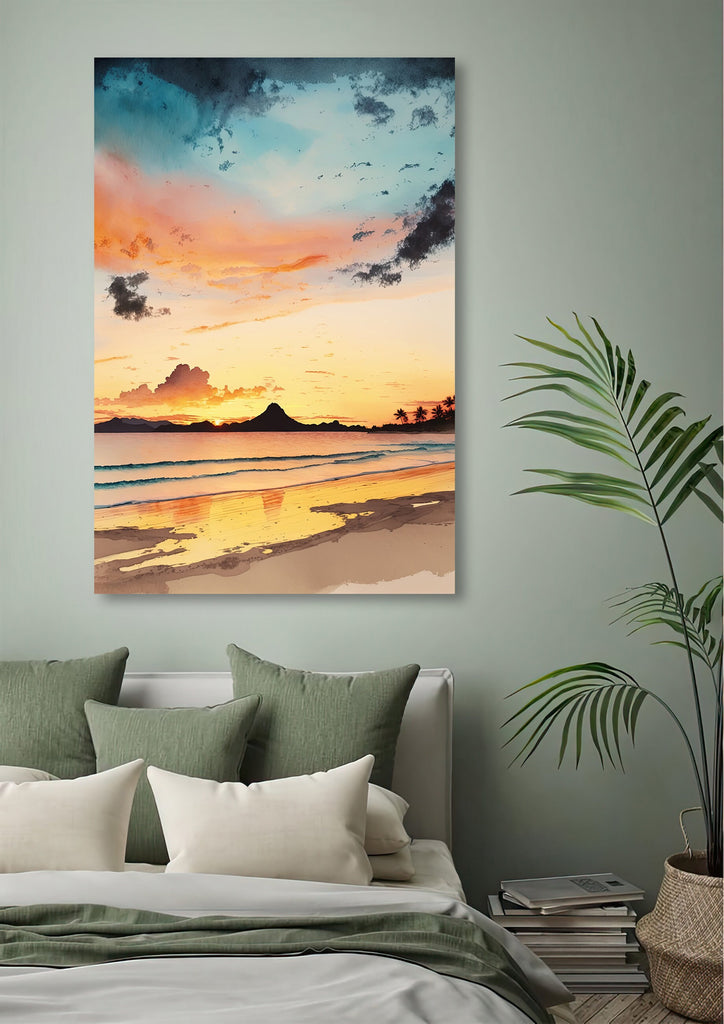 Summer Beach Sunset Watercolor Print Ocean Wall Art Coastal Sea Nature Gift Landscape Home Decor