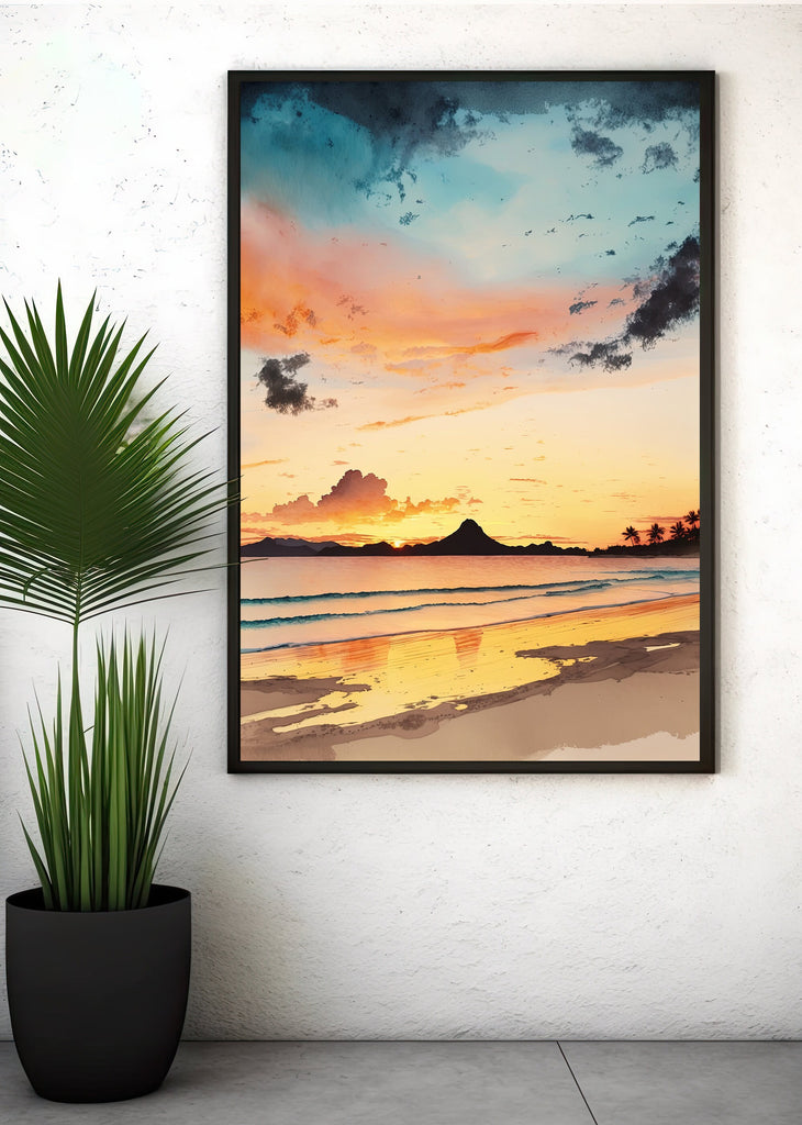 Summer Beach Sunset Watercolor Print Ocean Wall Art Coastal Sea Nature Gift Landscape Home Decor