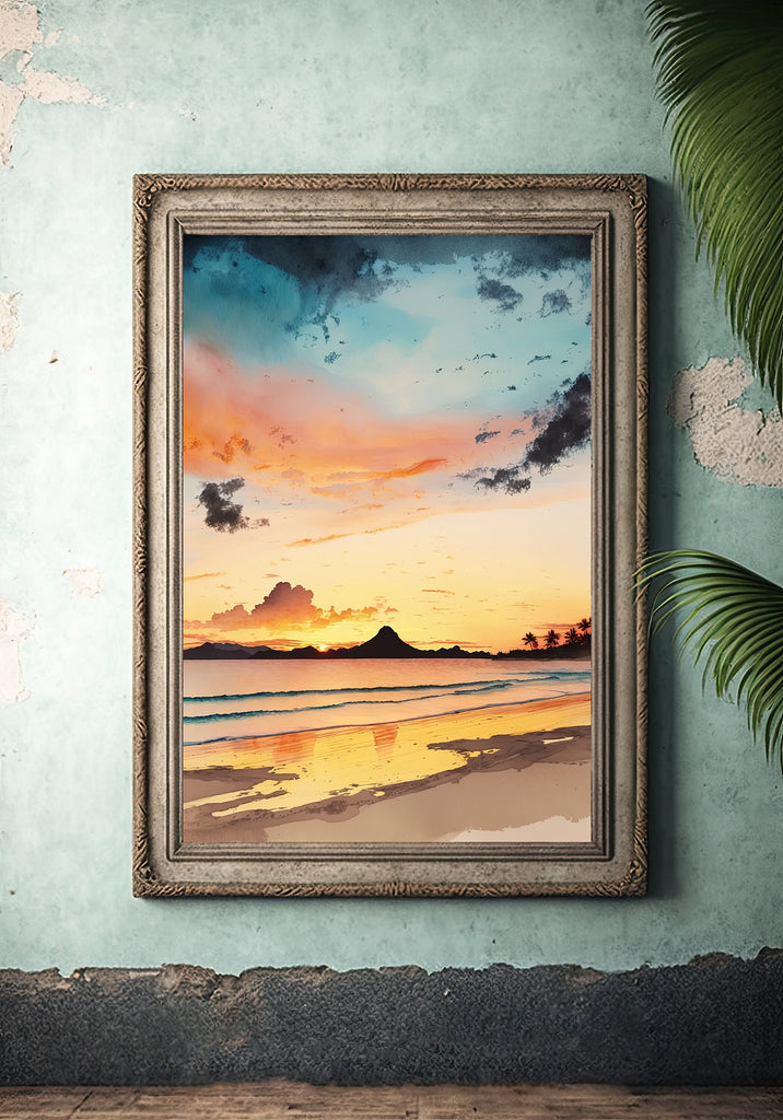 Summer Beach Sunset Watercolor Print Ocean Wall Art Coastal Sea Nature Gift Landscape Home Decor