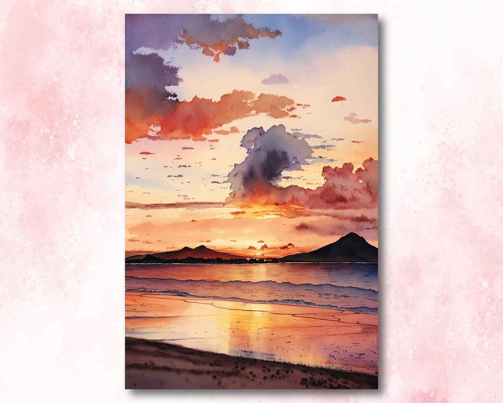 Summer Beach Sunset Watercolor Print Ocean Wall Art Coastal Sea Nature Gift Landscape Home Decor