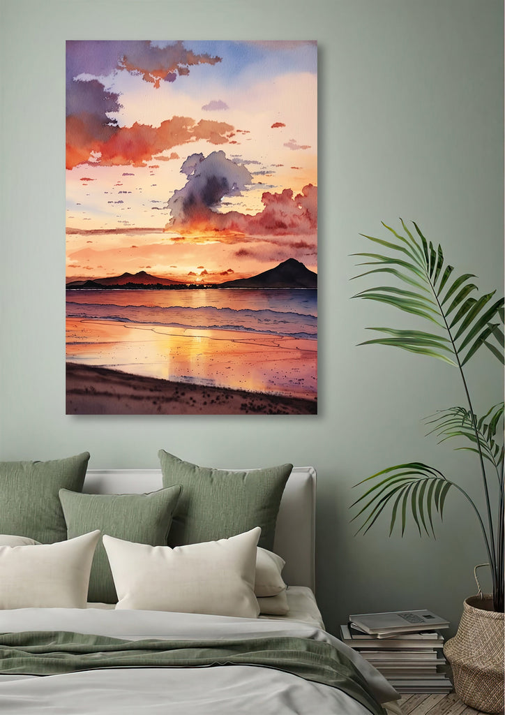 Summer Beach Sunset Watercolor Print Ocean Wall Art Coastal Sea Nature Gift Landscape Home Decor