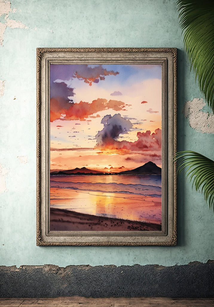 Summer Beach Sunset Watercolor Print Ocean Wall Art Coastal Sea Nature Gift Landscape Home Decor