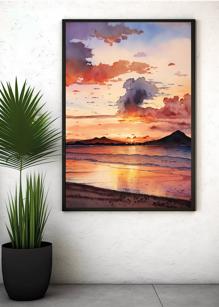 Summer Beach Sunset Watercolor Print Ocean Wall Art Coastal Sea Nature Gift Landscape Home Decor