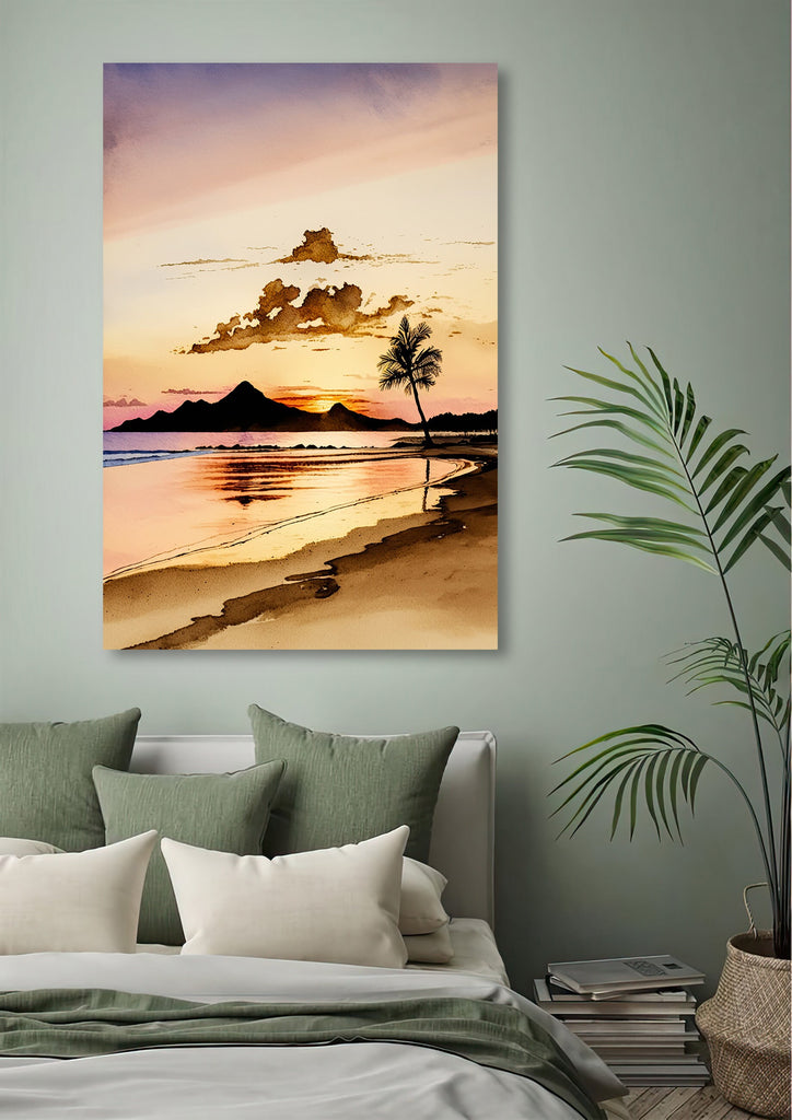 Summer Beach Sunset Watercolor Print Ocean Wall Art Coastal Sea Nature Gift Landscape Home Decor