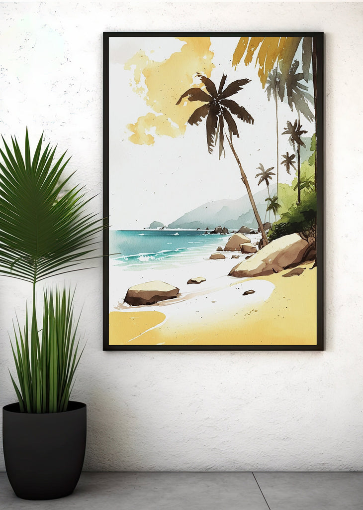 Tropical Palm Tree Beach Art Print Watercolor Coastal Wall Art Nature Inspired French Polynesia Gift Ocean Beach House Decor