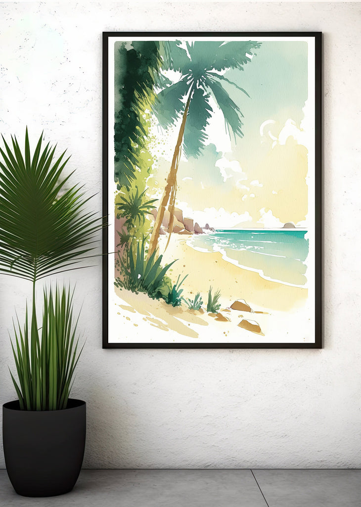 Tropical Palm Tree Beach Art Print Watercolor Coastal Wall Art Nature Inspired French Polynesia Gift Ocean Beach House Decor