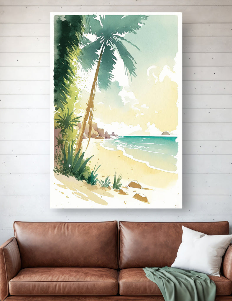 Tropical Palm Tree Beach Art Print Watercolor Coastal Wall Art Nature Inspired French Polynesia Gift Ocean Beach House Decor