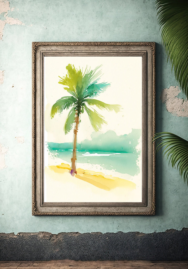 Tropical Palm Tree Beach Art Print Watercolor Coastal Wall Art Nature Inspired French Polynesia Gift Ocean Beach House Decor