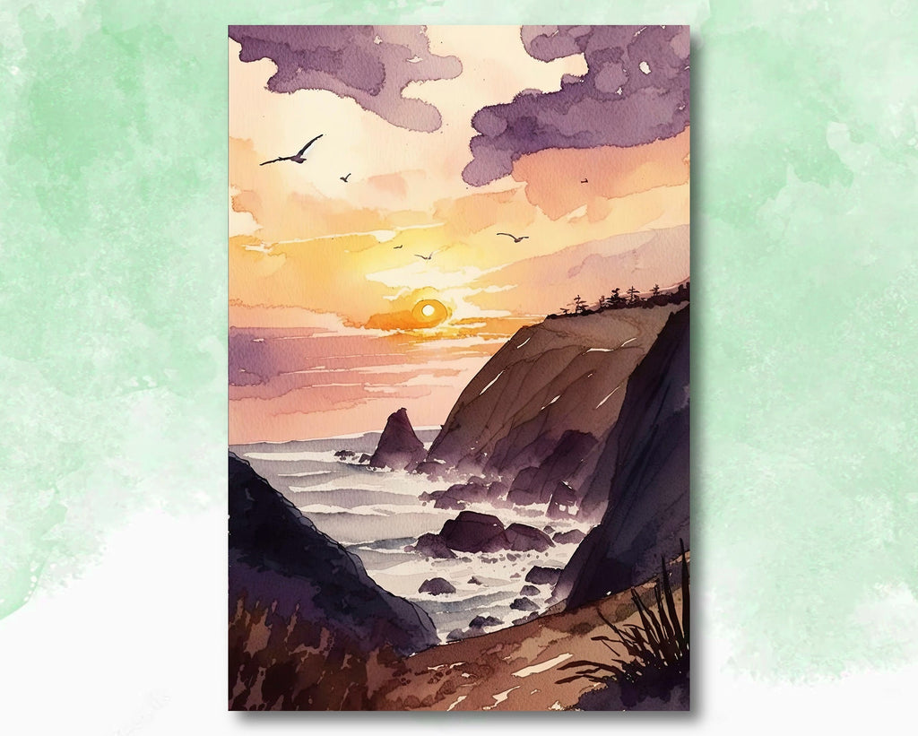 California Big Sur Beach Sunset Art Print Watercolor Ocean Wall Art Coastal Landscape Painting Gift Beach House Decor