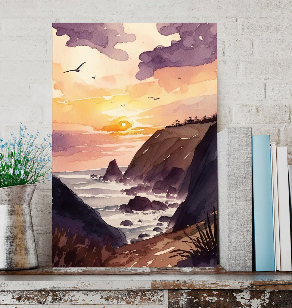 California Big Sur Beach Sunset Art Print Watercolor Ocean Wall Art Coastal Landscape Painting Gift Beach House Decor