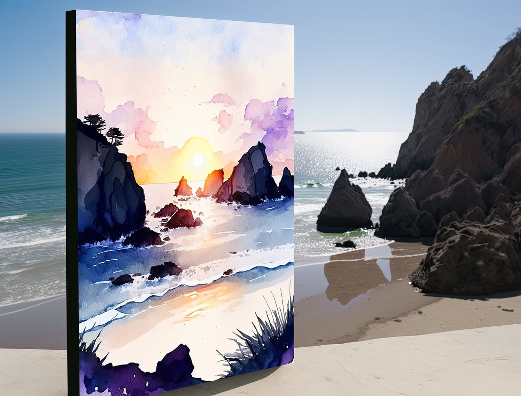 California Big Sur Beach Sunset Art Print Watercolor Ocean Wall Art Coastal Landscape Painting Gift Beach House Decor