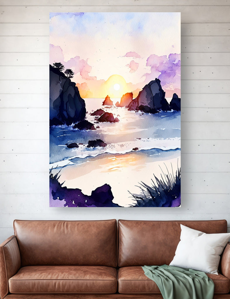 California Big Sur Beach Sunset Art Print Watercolor Ocean Wall Art Coastal Landscape Painting Gift Beach House Decor