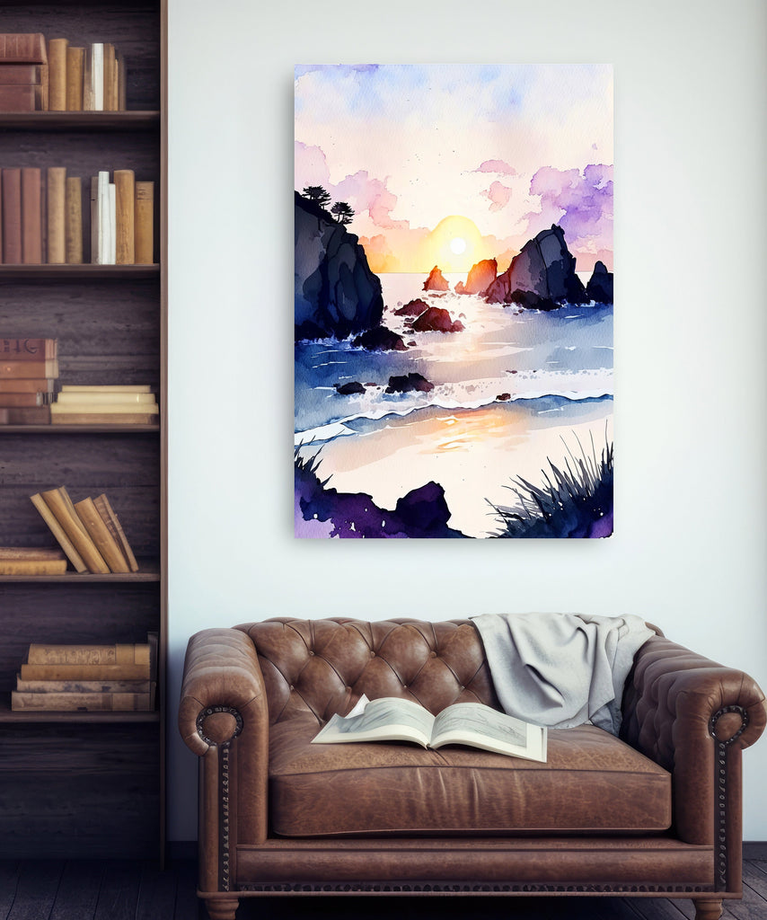 California Big Sur Beach Sunset Art Print Watercolor Ocean Wall Art Coastal Landscape Painting Gift Beach House Decor