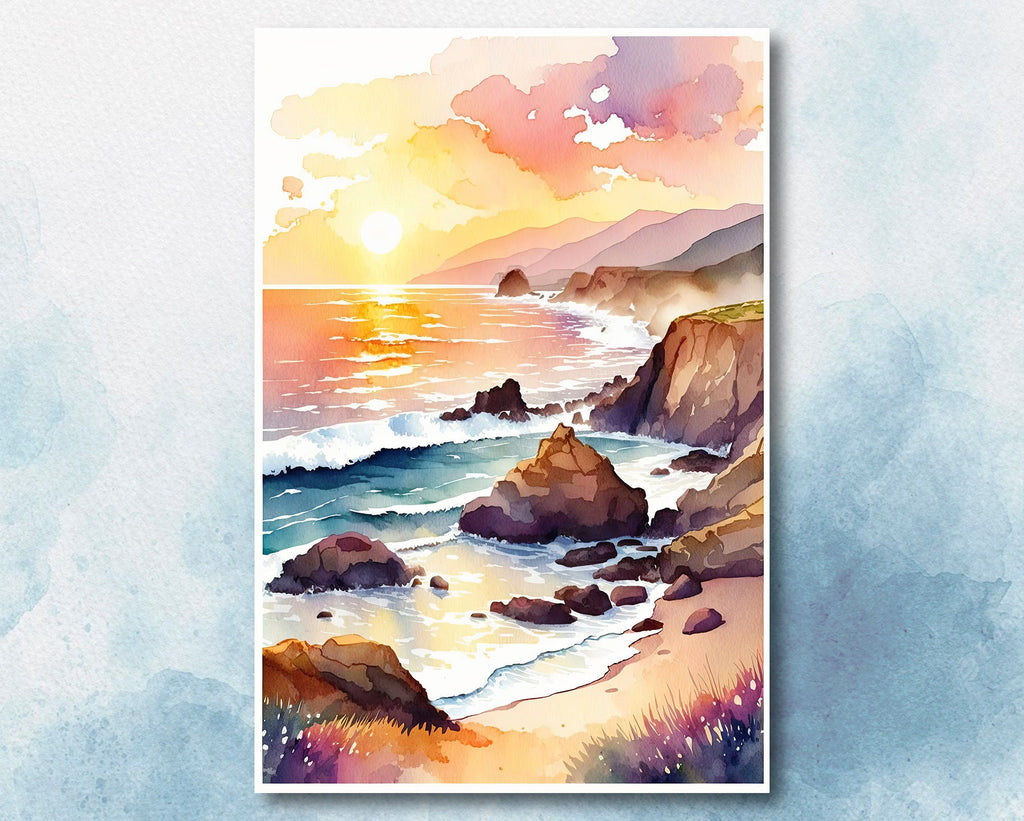 California Big Sur Beach Sunset Art Print Watercolor Ocean Wall Art Coastal Landscape Painting Gift Beach House Decor