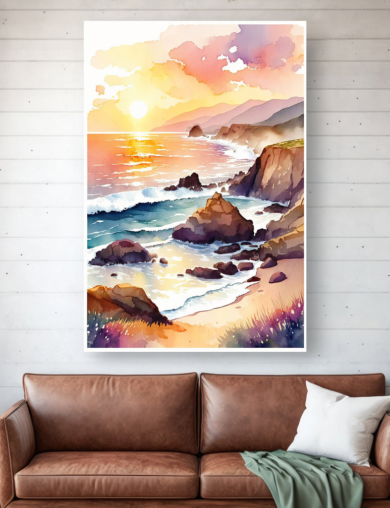 California Big Sur Beach Sunset Art Print Watercolor Ocean Wall Art Coastal Landscape Painting Gift Beach House Decor