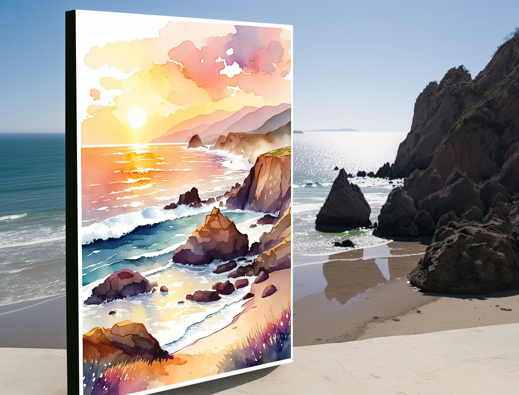 California Big Sur Beach Sunset Art Print Watercolor Ocean Wall Art Coastal Landscape Painting Gift Beach House Decor