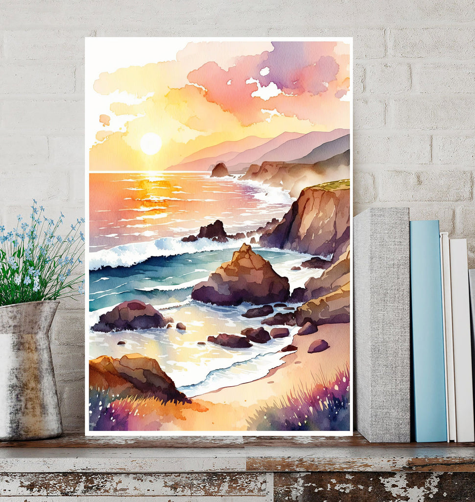 California Big Sur Beach Sunset Art Print Watercolor Ocean Wall Art Coastal Landscape Painting Gift Beach House Decor