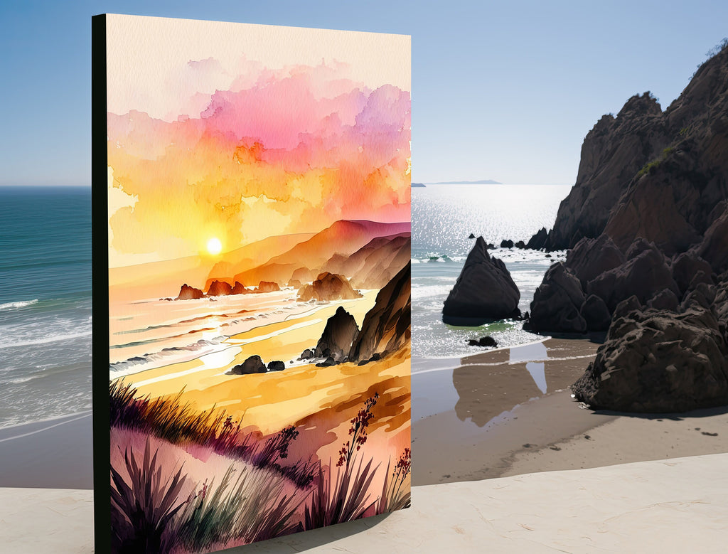 California Big Sur Beach Sunset Art Print Watercolor Ocean Wall Art Coastal Landscape Painting Gift Beach House Decor