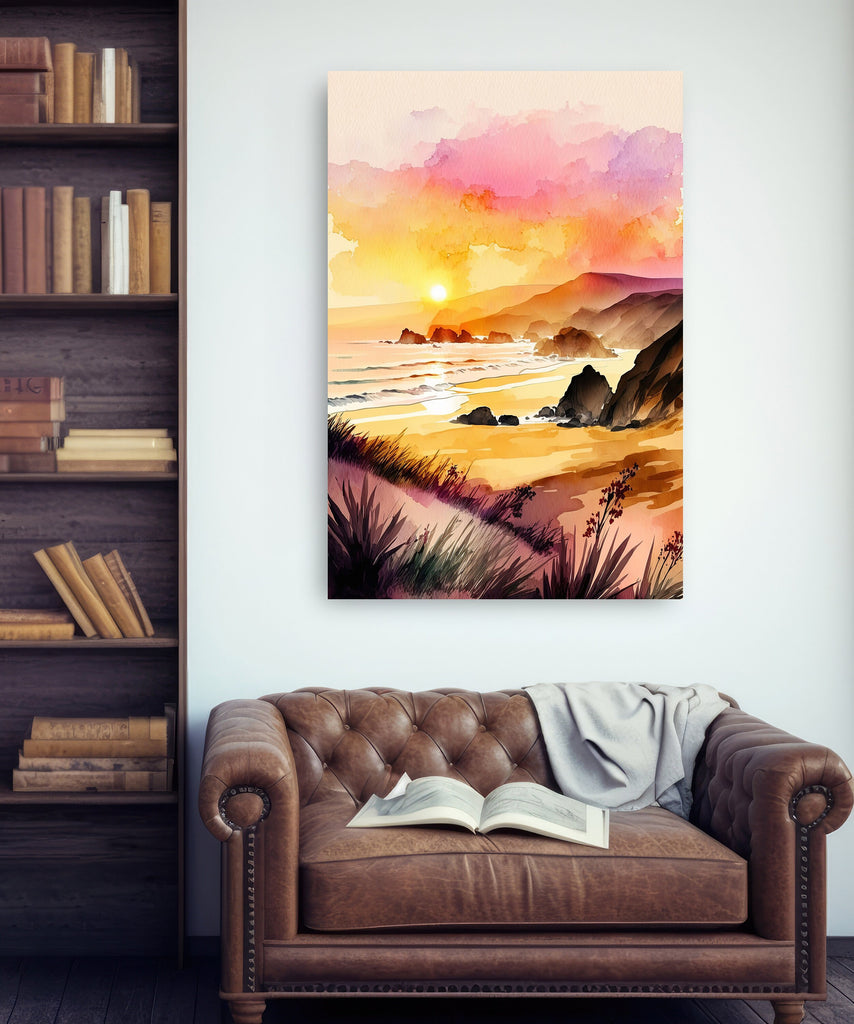 California Big Sur Beach Sunset Art Print Watercolor Ocean Wall Art Coastal Landscape Painting Gift Beach House Decor