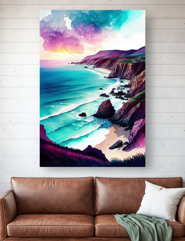 California Big Sur Beach Sunset Art Print Watercolor Ocean Wall Art Coastal Landscape Painting Gift Beach House Decor