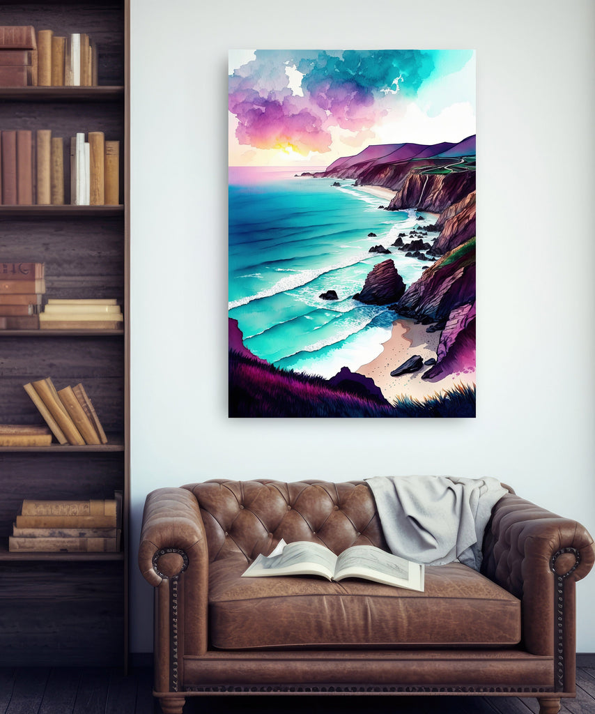 California Big Sur Beach Sunset Art Print Watercolor Ocean Wall Art Coastal Landscape Painting Gift Beach House Decor