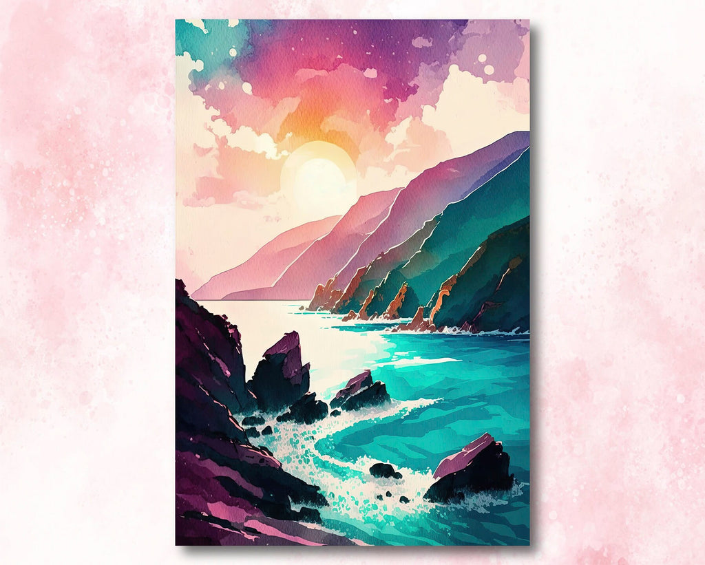 California Big Sur Beach Sunset Art Print Watercolor Ocean Wall Art Coastal Landscape Painting Gift Beach House Decor