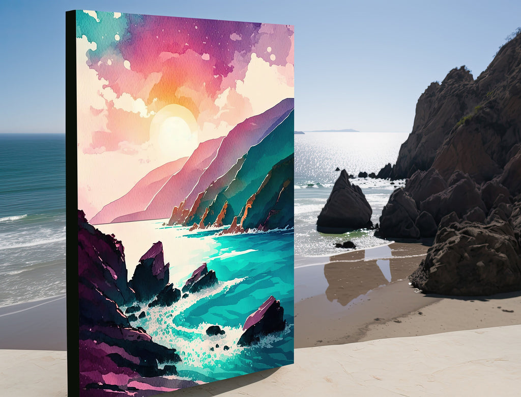 California Big Sur Beach Sunset Art Print Watercolor Ocean Wall Art Coastal Landscape Painting Gift Beach House Decor