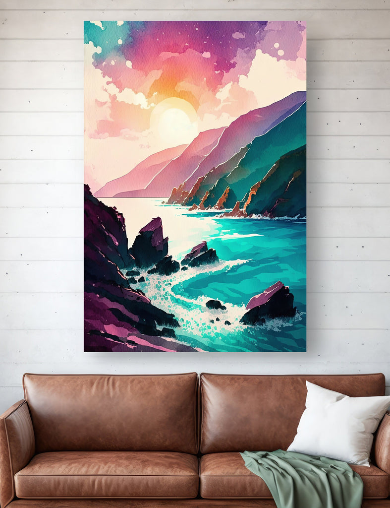 California Big Sur Beach Sunset Art Print Watercolor Ocean Wall Art Coastal Landscape Painting Gift Beach House Decor